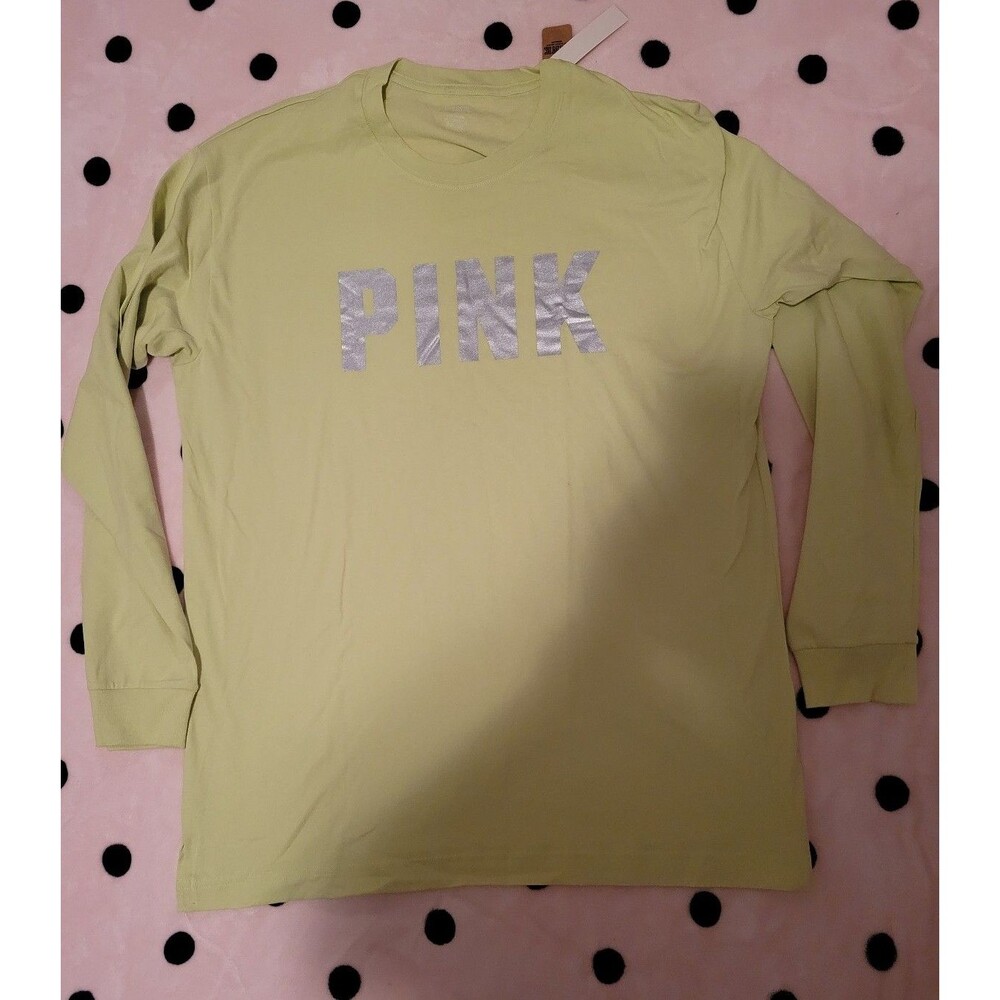VS PINK CAMPUS TEE SHIRT LS GREEN FOIL xl
